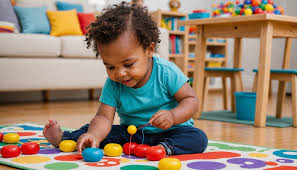 infant sitting on mat, playing with toys